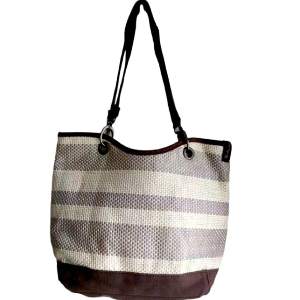 NEW thirty-one mini vegan canvas woven tote brown white two strap bag purse